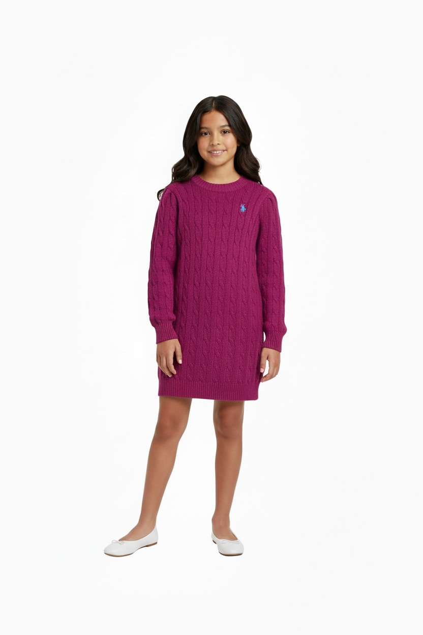 Rochie Tip Pulover Fete U.S. Polo Assn. – Vișiniu, Tricot cu Torsade, Mix Bumbac Premium
