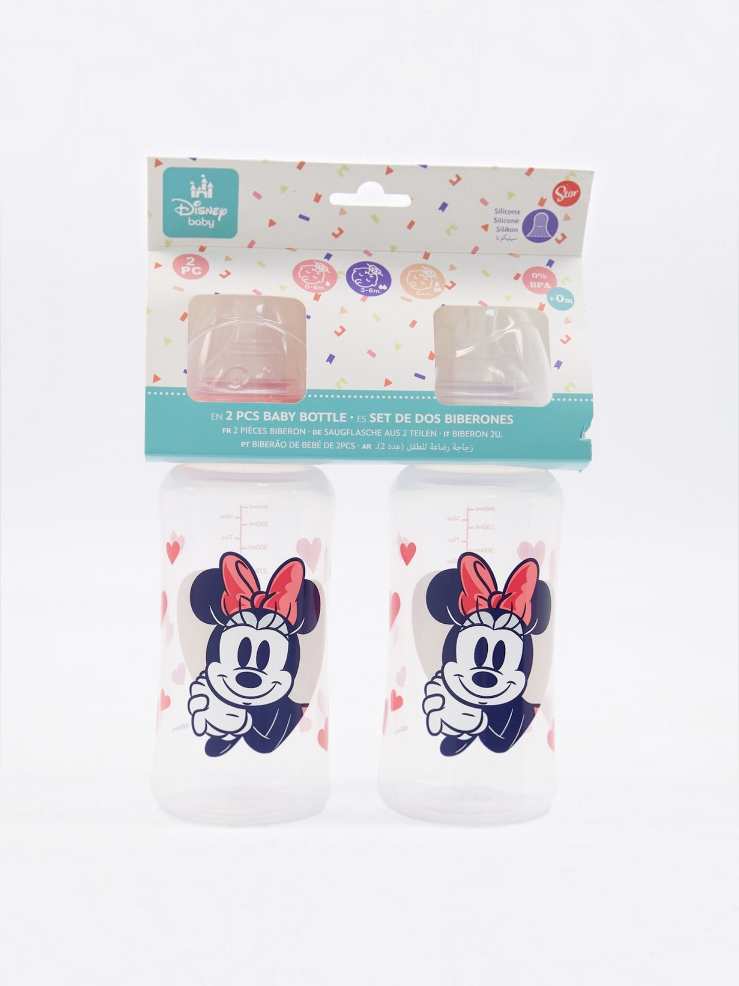 Set 2 biberoane Disney Baby Minnie Mouse, tetină din silicon, 0% BPA, +0 luni