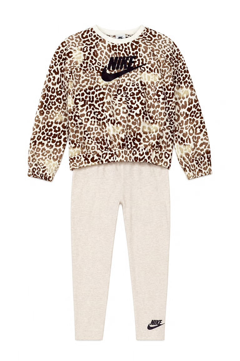 Set 2 piese Nike fetite - bluza imprimeu leopard si colanti bej