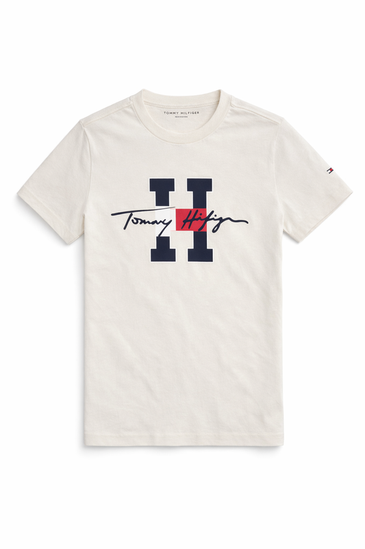 Tricou Tommy Hilfiger cu logo imprimat central - crem