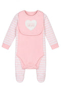 Set 3 Piese Bebe Fete DKNY: Salopetă, Body și Bavețică, Roz cu Dungi/Inimioară