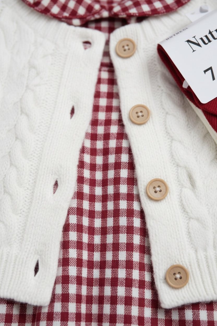 Set 3 piese Nutmeg - salopeta cu carouri rosie cu cardigan si dres
