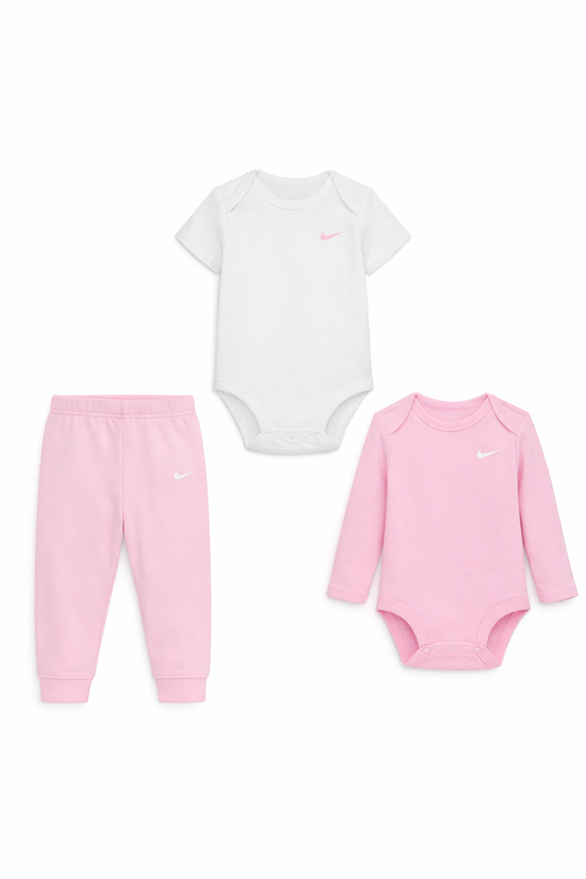 Set 3 piese Nike - body alb/roz pudrat si pantaloni roz