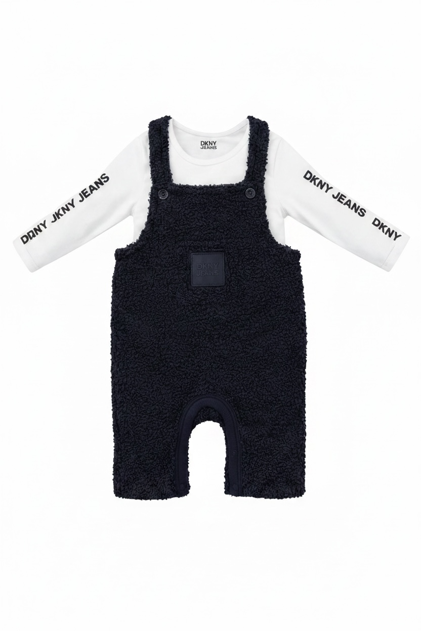 Set 2 piese DKNY - salopeta pufoasa bleumarin inchis, bluza cu logo lateral