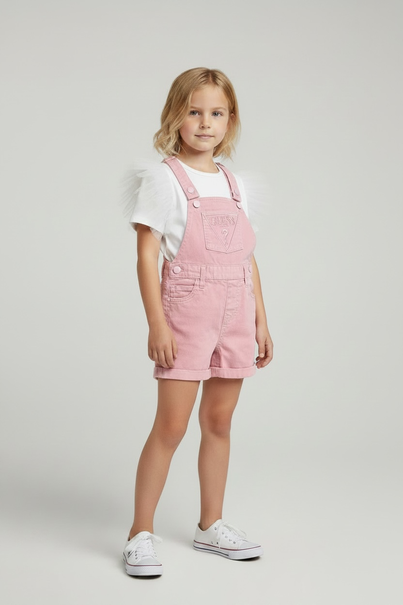 Salopeta Guess roz pudrat - Tricou alb cu volane, logo elegant