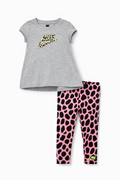 Set Nike fete, Tricou gri și colanți cu imprimeu Leopard roz/negru