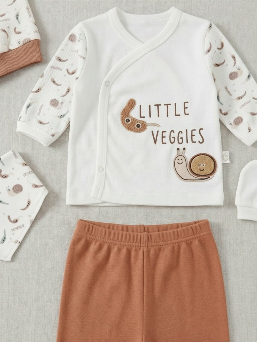 Set Cadou Bebeluși 5 Piese – Bluză „Little Veggies”, Pantaloni cu Botoși, Căciuliță, Bavețică și Mănuși, Caramiziu/Alb