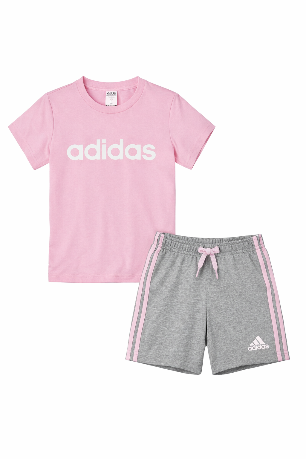 Set vara Adidas - roz pudrat si gri, tricou si pantaloni scurti cu talie elastica