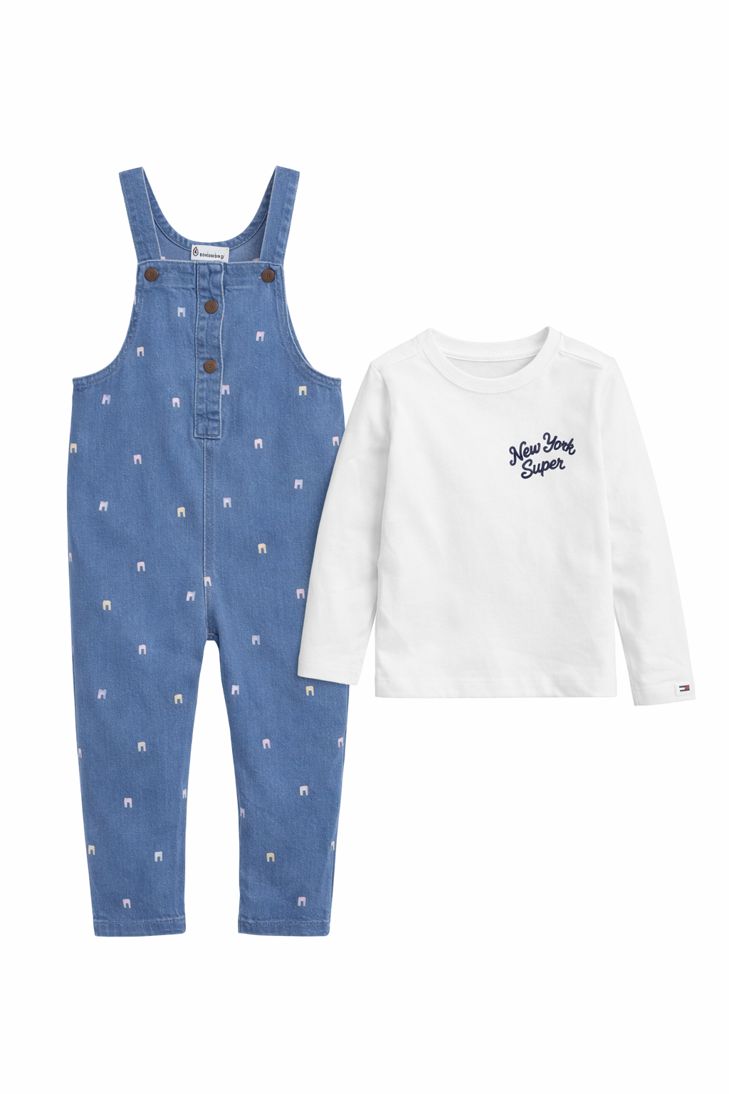 Salopeta denim cu bluza Tommy Hilfiger, imprimeu all over
