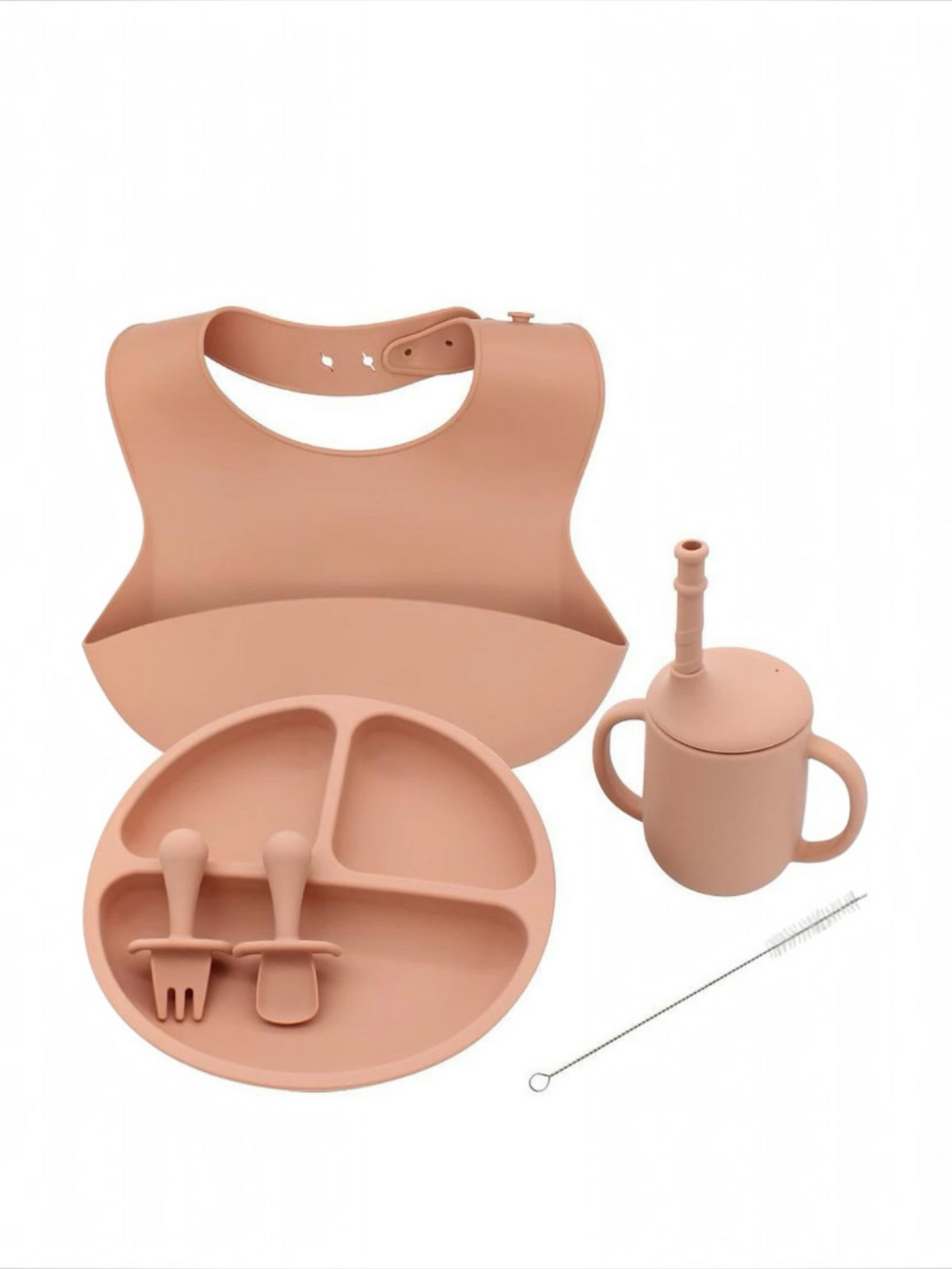 Set diversificare din silicon alimentar 5 piese - bavetica, farfurie compartimentata, lingurita, furculita, cana cu pai