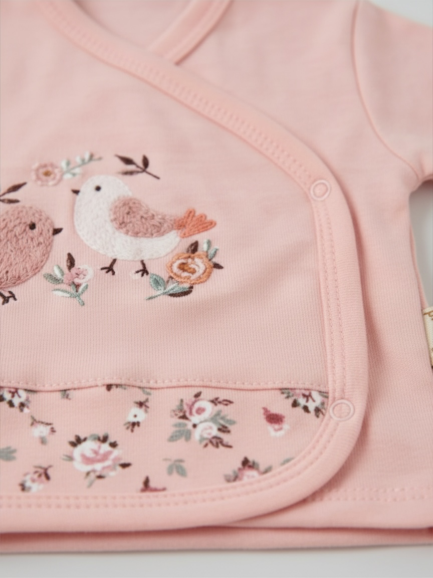 Set Cadou Bebeluși 5 Piese – Bluzică cu păsări, Pantaloni cu Botoși, Căciuliță, Bavețică și Mănuși, Roz