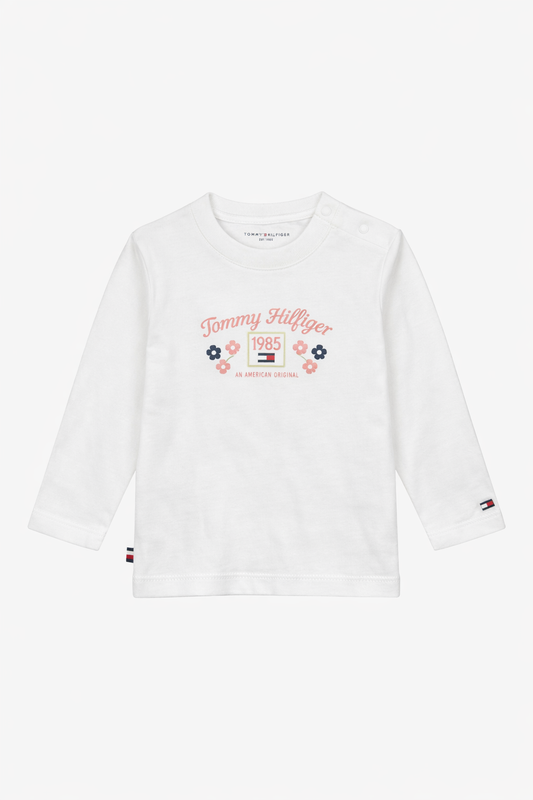 Bluza Tommy Hilfiger alba cu logo central roz pudrat