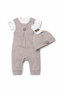 Set bebelusi 3 piese DKNY bej - salopeta, body si caciula