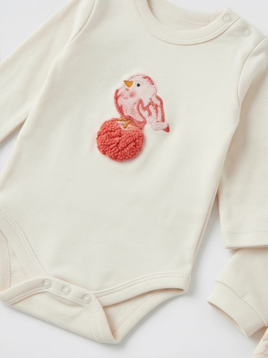 Set 3 Piese Bebeluși – Body cu Broderie Păsăre, Jachetă Florală cu Glugă și Pantaloni, Cream/Bej