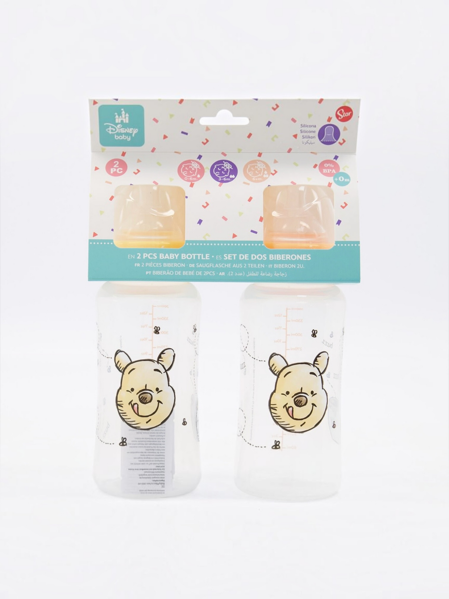 Set 2 biberoane Disney Baby Winnie the Pooh, tetină din silicon, 0% BPA, +0 luni