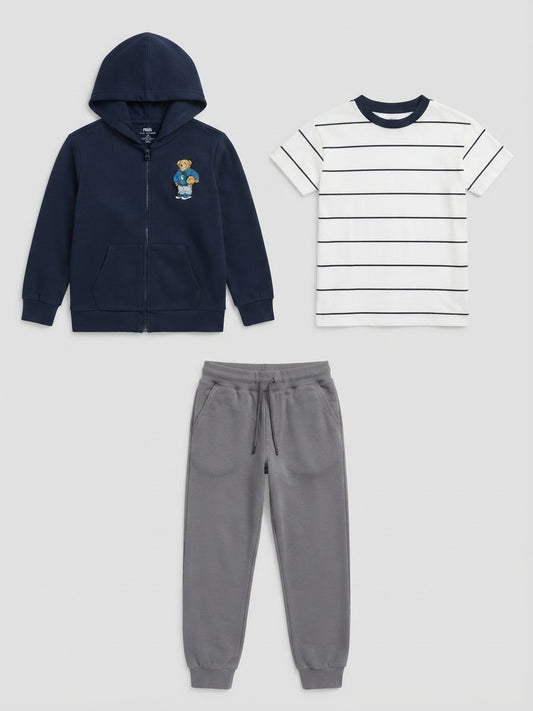 Set 3 piese sport pentru băieți: Hanorac cu fermoar și broderie Ursuleț, Tricou și Pantaloni de trening