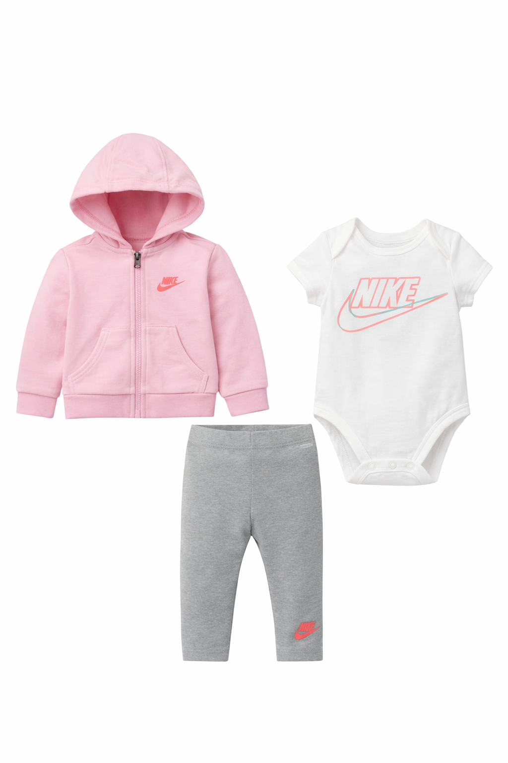 Set 3 piese Nike - body alb, hanorac roz si colanti gri