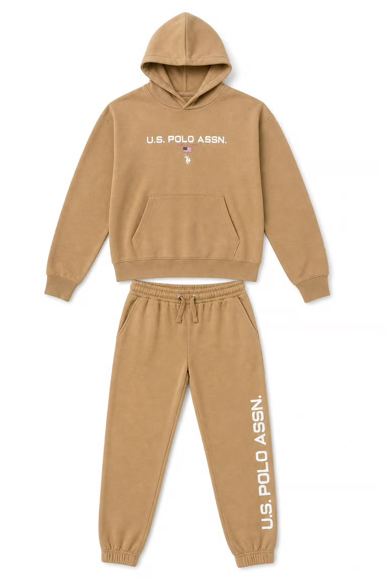 Trening fetite U.S. Polo Assn. crem cu logo central alb