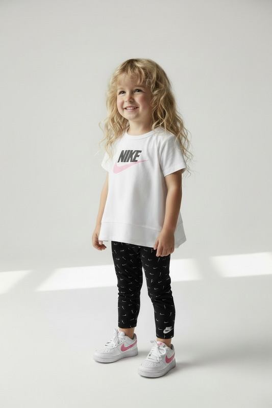 Set 2 piese Nike - tricou alb si colanti sport negri cu logo imrpimat