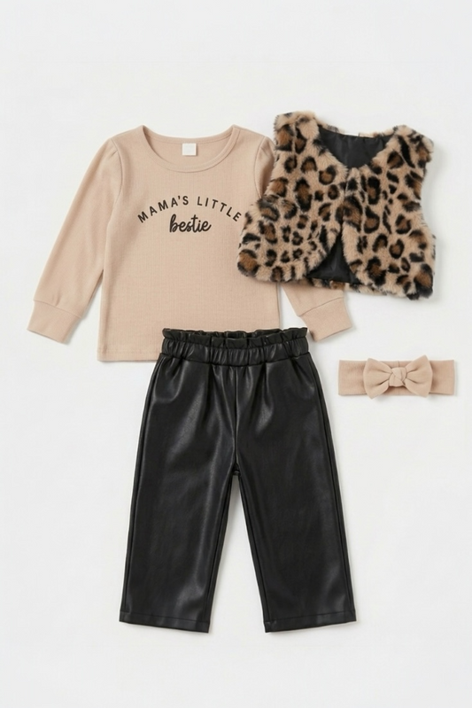 Set 4 piese fetite - bluza, vesta imprimeu leopard, pantaloni imitatie de piele si bentita