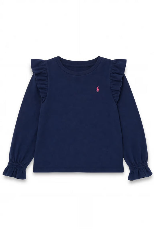 Bluza Tommy Hilfiger bleumarin cu volane si logo brodat