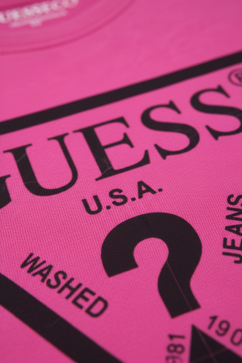 Tricou Guess roz cu logo central lucios