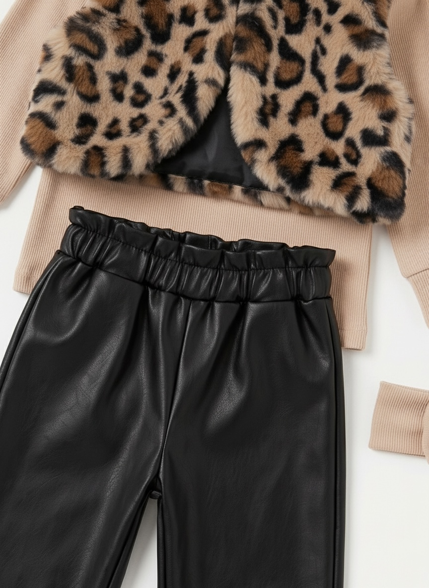 Set 4 piese fetite - bluza, vesta imprimeu leopard, pantaloni imitatie de piele si bentita