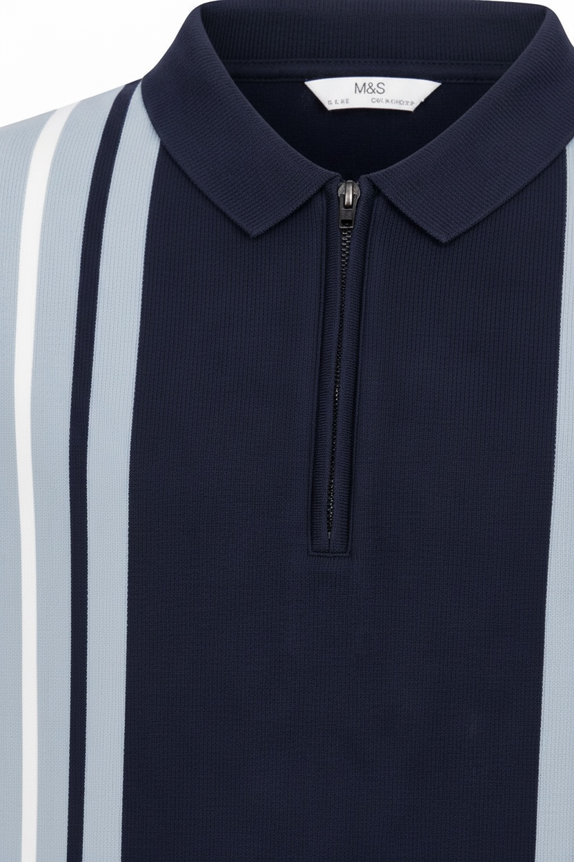 Tricou cu guler M&S cu dungi - detalii bleumarin,albe, bleu