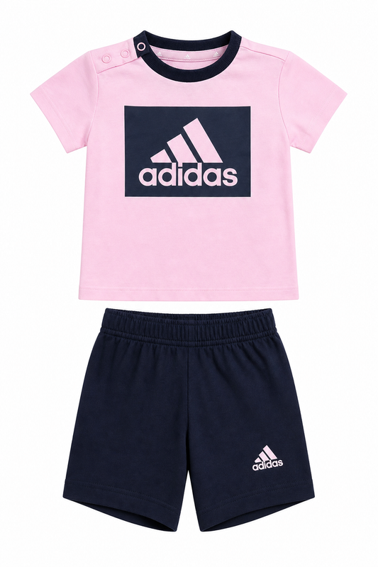 Set 2 piese Adidas fetițe cu tricou roz și pantaloni scurți bleumarin