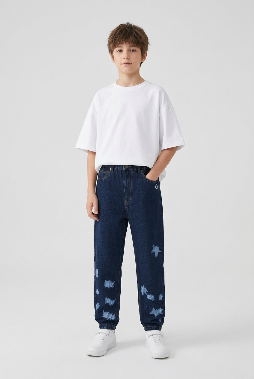 Blugi Copii Marcelo Burlon County of Milan – Indigo închis, Aspect Distressed și Logo Brodat