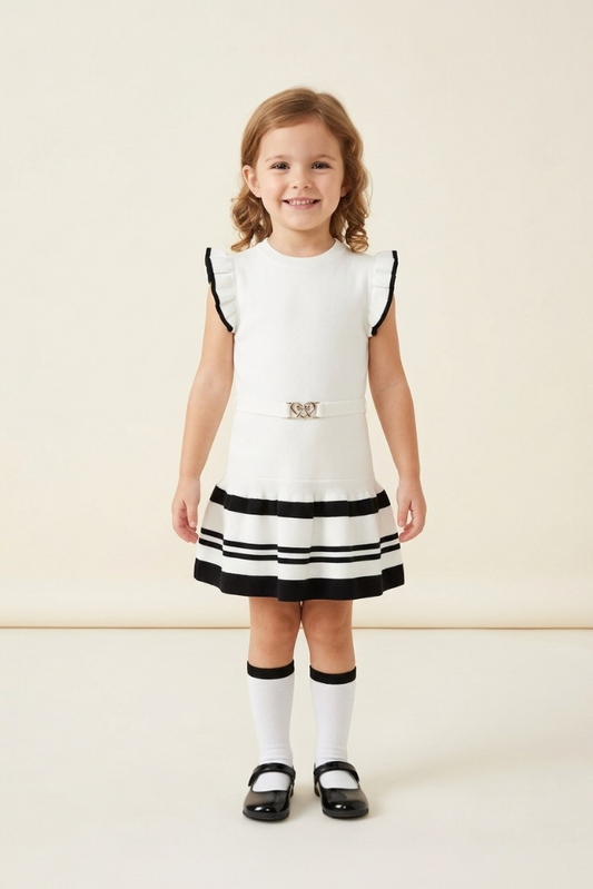 Rochie River Island alb-negru cu volane si curea