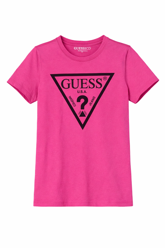 Tricou Guess roz cu logo central lucios