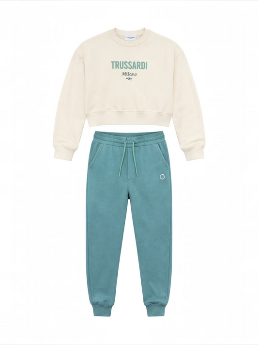 Set Trening Fete Trussardi Milano – Hanorac Crem și Pantaloni Turcoaz, Mix Bumbac Premium
