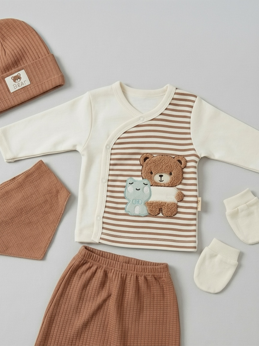 Set Cadou Bebeluși 5 Piese – Bluză cu Ursuleț, Pantaloni cu Botoși, Căciuliță, Bavețică și Mănuși, Maro/Bej