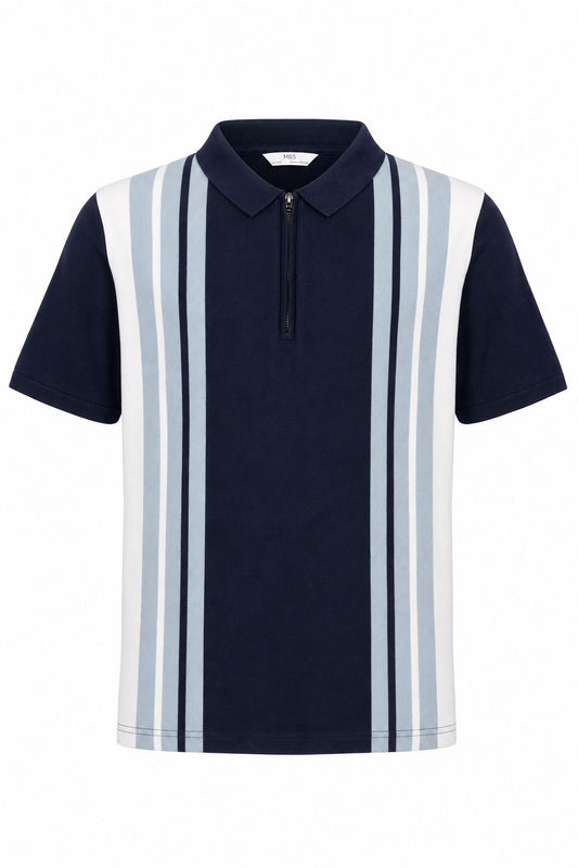 Tricou cu guler M&S cu dungi - detalii bleumarin,albe, bleu