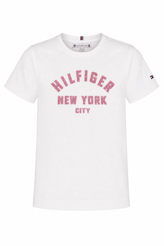 Tricou fete Tommy Hilfiger alb cu detalii roz