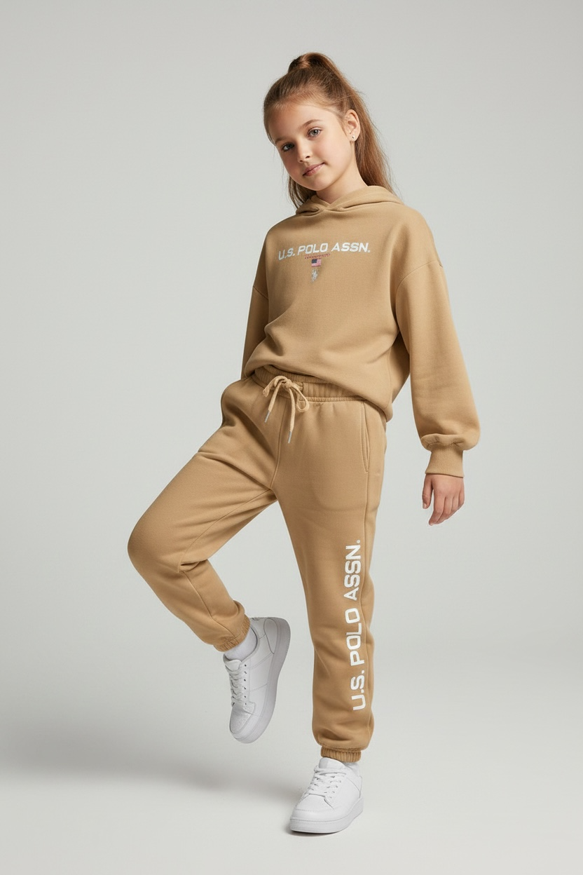 Trening fetite U.S. Polo Assn. crem cu logo central alb