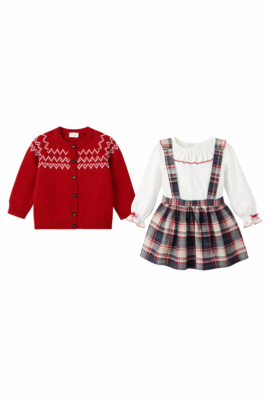 Set 3 piese Babymuz - cardigan rosu, bluza cu guler si fusta cu bretele