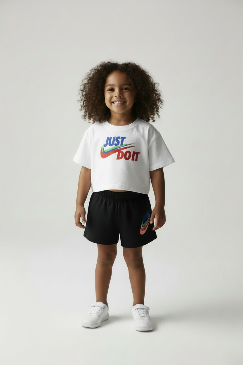 Set de vară Nike copii, tricou alb cu logo multicolor și pantaloni scurți negri