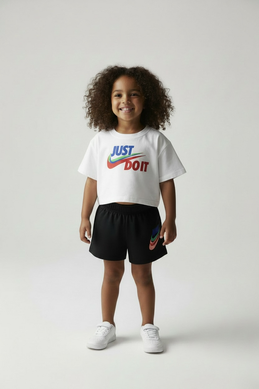 Set de vară Nike copii, tricou alb cu logo multicolor și pantaloni scurți negri