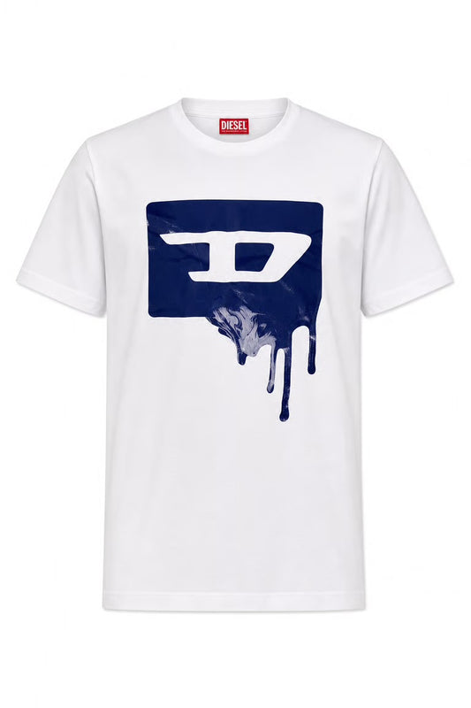 Tricou Diesel alb cu logo lucios central tip lacrima