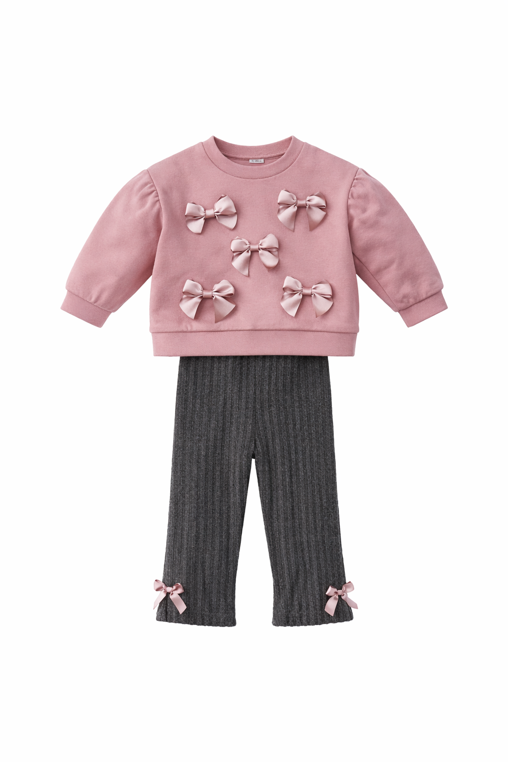 Set Wonderluxe - bluza roz, pantaloni gri, detalii cu fundite