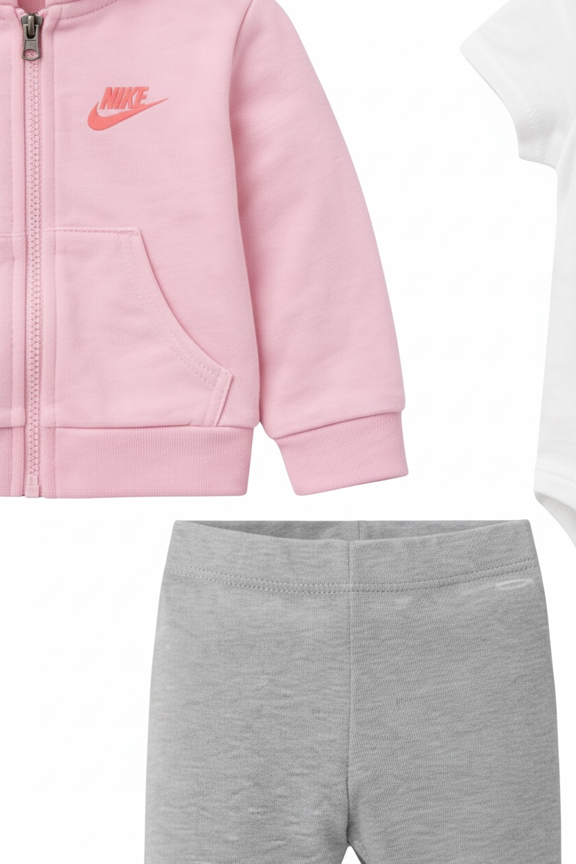 Set 3 piese Nike - body alb, hanorac roz si colanti gri