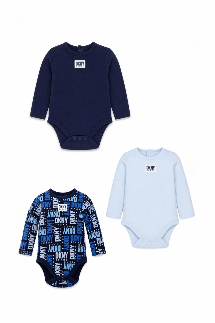 Set 3 body-uri baieti DKNY in 3 nuanțe de albastru