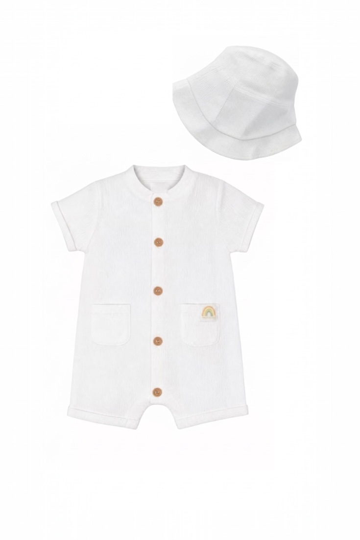 Set bebelusi 2 piese DKNY alb - body si palarie cu detalii curcubeu