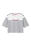 Tricou Trussardi Junior Fete – Alb cu Dungi Bleumarin, Detalii Metalice și Logo Script