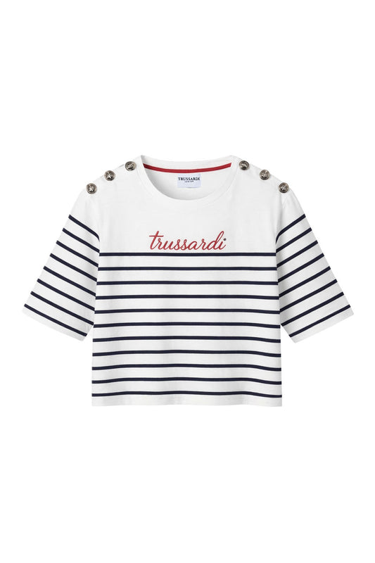 Tricou Trussardi Junior Fete – Alb cu Dungi Bleumarin, Detalii Metalice și Logo Script