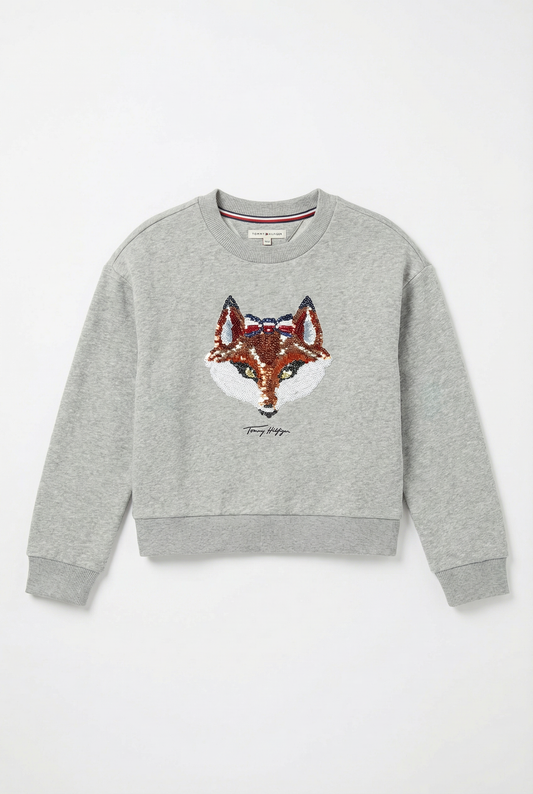 Pulover Copii Tommy Hilfiger Gri - Aplicație Vulpe Texturată și Logo