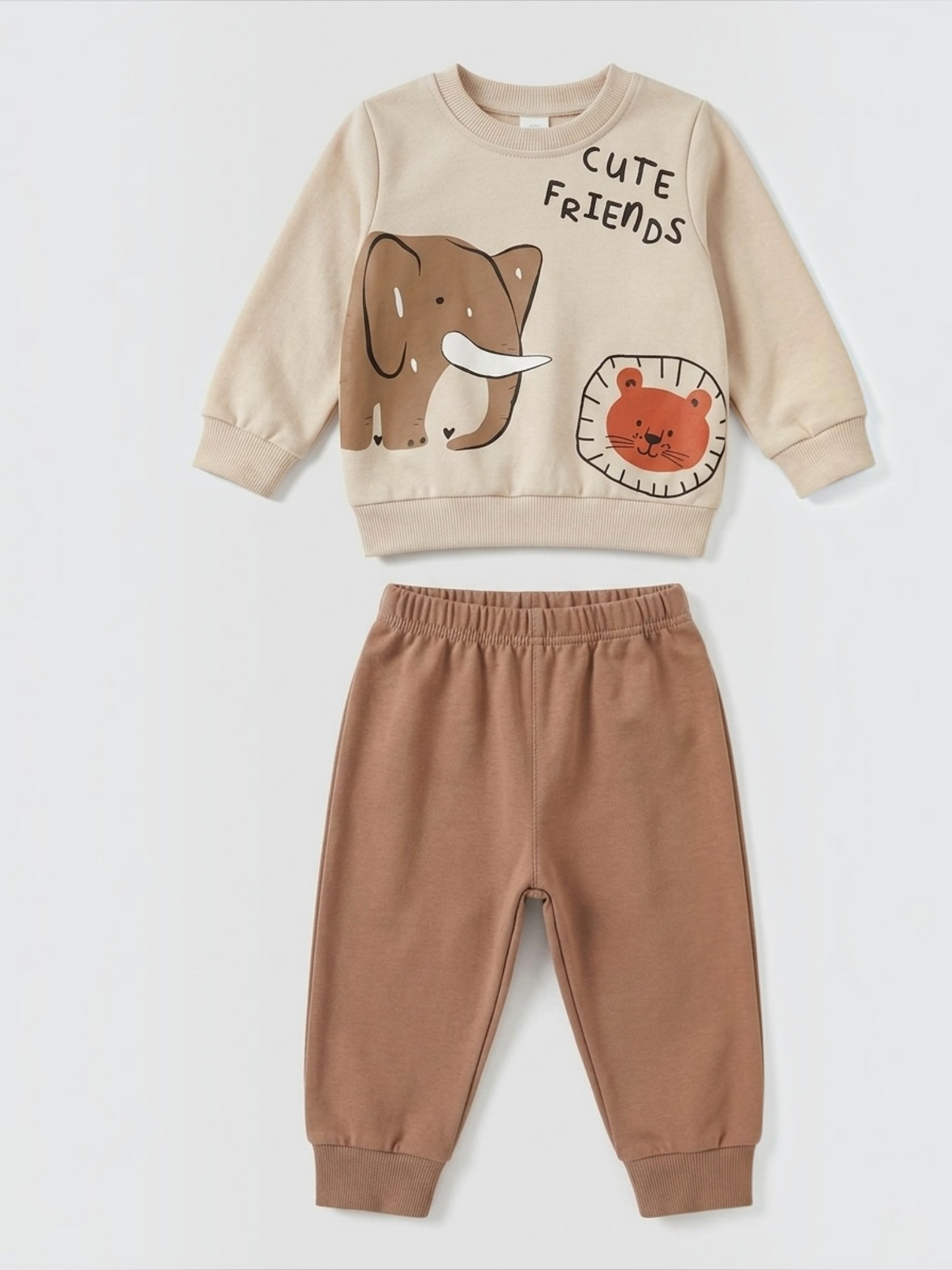 Set Casual Băieți 2 Piese – Trening Bej/Maro "Cute Friends" cu Animale