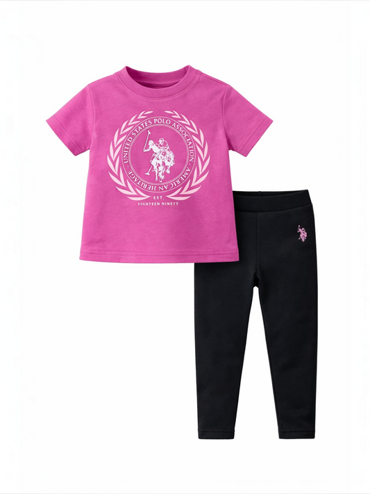 Set Fete U.S. Polo Assn. Roz - Tricou Roz și Colanți Negri - Stil Sport